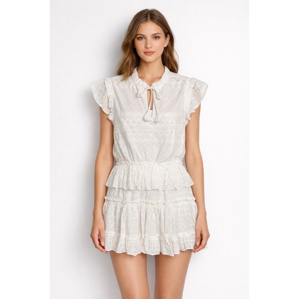MISA Los Angeles White Eyelet Tiered Ruffle Mini Dress Mock Neck size M